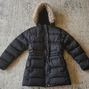 Eddie Bauer Girls Black Puffer Coat with Faux Fur Hood